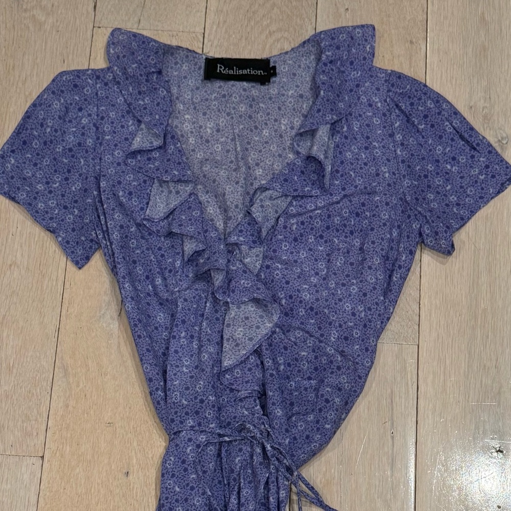 Realisation Par Lavender Floral Mini Wrap Dress with Ruffles sz Small - Picture 3 of 7